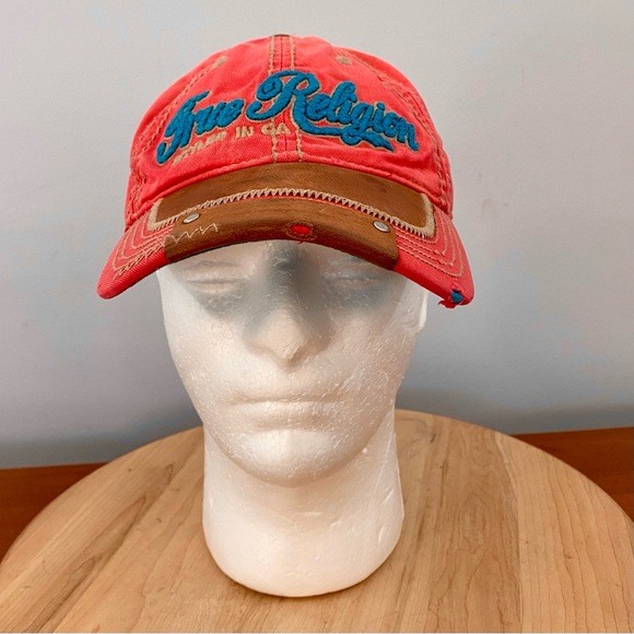 True Religion VTG The Buddha Red and Leather Distressed Hat Y2K Red Blue RARE - Picture 1 of 16